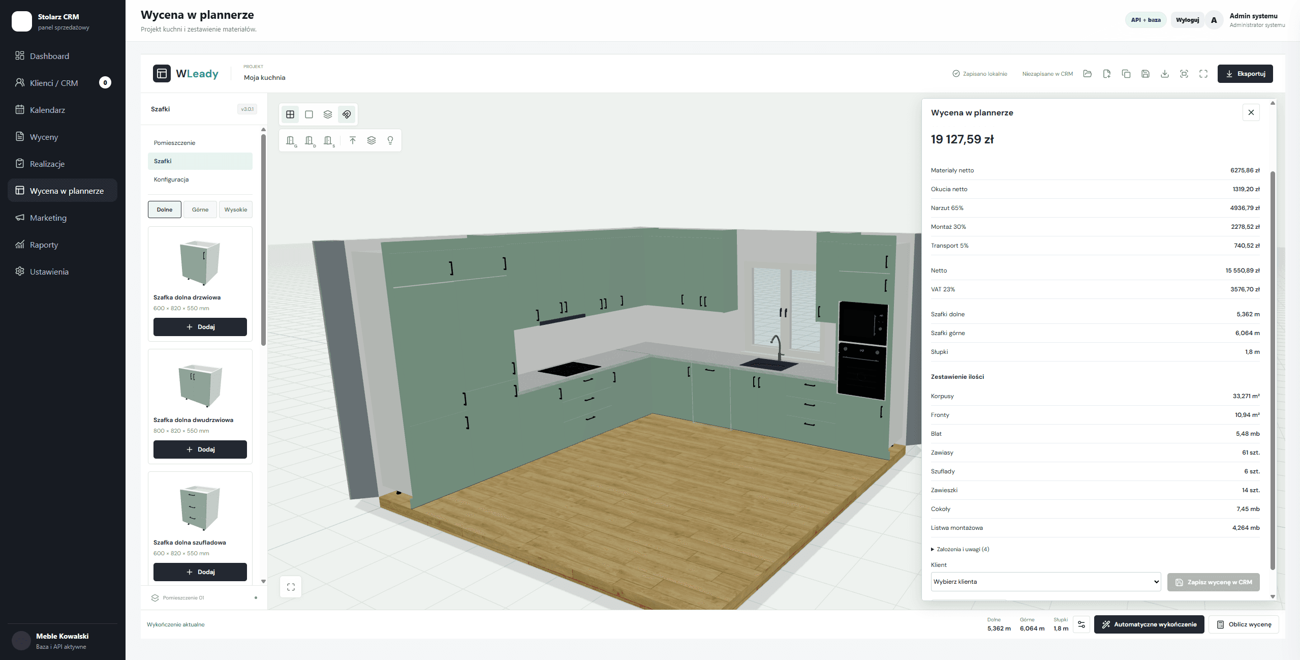Planner WLeady z kuchnią 3D i rozbiciem wyceny na materiały, okucia, narzut, montaż, transport i VAT